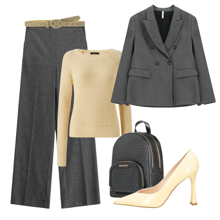Outfit donna - Grigio e burro glam. Stile Glamour per Ufficio. Abbinamento con décolleté, zaini, cinture, pantaloni a palazzo, blazer, maglieria.