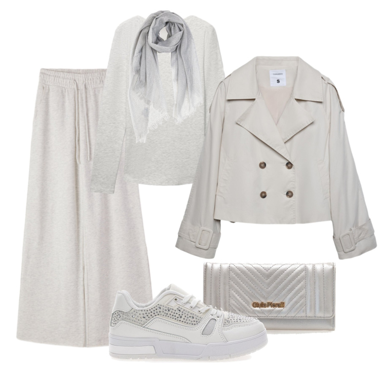 Outfit donna - Tinte fredde & mélange. Stile Casual per Tutti i giorni. Abbinamento con pantaloni, caban, t-shirt, sneakers, foulard, portafogli.