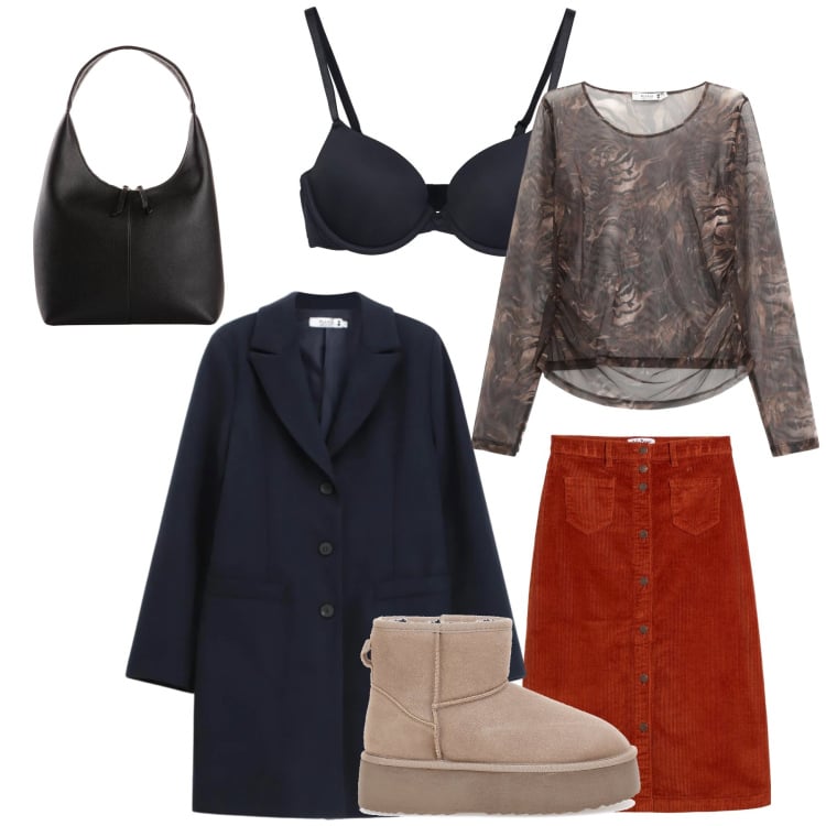 Outfit donna - Trasparenze Metropolitane. Stile Casual chic per Tutti i giorni. Abbinamento con gonne longuette, shopping bag, reggiseni, maglieria, cappotti, sabot.
