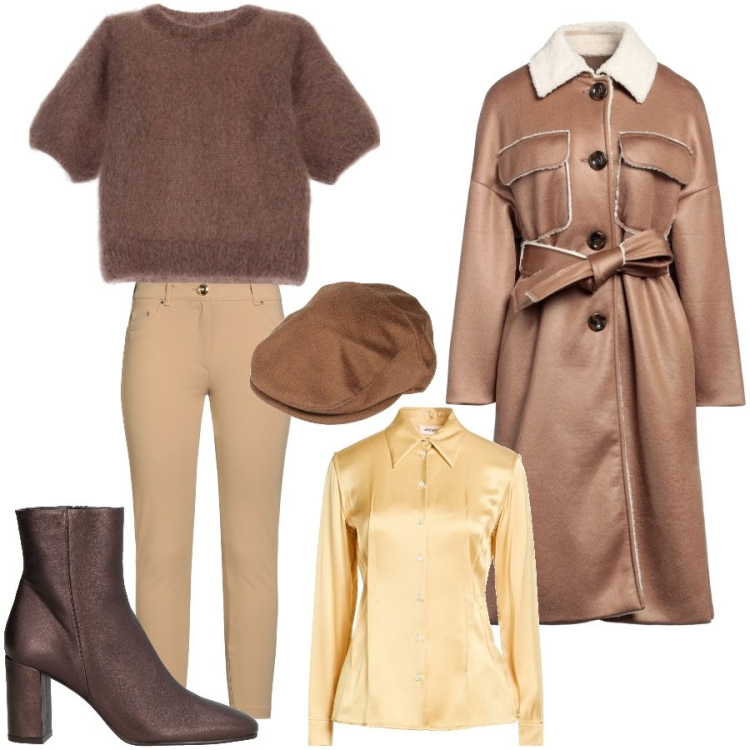 Outfit donna - Total look #2325229. Stile Casual chic per Ufficio. Abbinamento con cappelli, stivaletti, camicie, cappotti, pantaloni skinny, t-shirt.