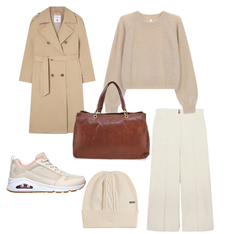 Outfit donna - Beige. Stile Casual Abbinamento con trench, maglieria, berretti, pantaloni chino, borse a tracolla, sneakers.