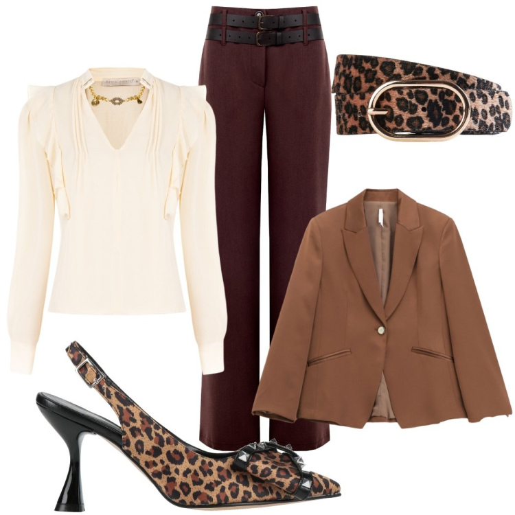 Outfit donna - Animalier. Stile Glamour per Serata fuori. Abbinamento con cinture, décolleté, blazer, pantaloni, bluse.