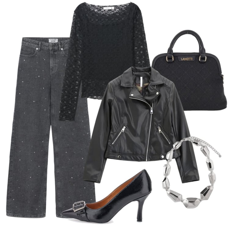 Outfit donna - Serata con gli amici. Stile Rock per Serata fuori. Abbinamento con t-shirt, jeans dritti, blazer, borse a spalla, décolleté, ciondoli.