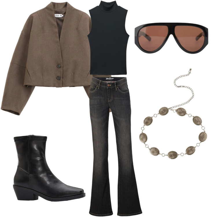 Outfit donna - For the city. Stile Casual chic per Tutti i giorni. Abbinamento con jeans bootcut, stivaletti, cinture, top, blazer, occhiali da sole.