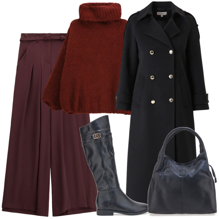 Outfit donna - Passeggiata in città con gli stivali. Stile Urban per Tutti i giorni. Abbinamento con maglieria, pantaloni a palazzo, cappotti, stivali sopra il ginocchio, borse a mano.