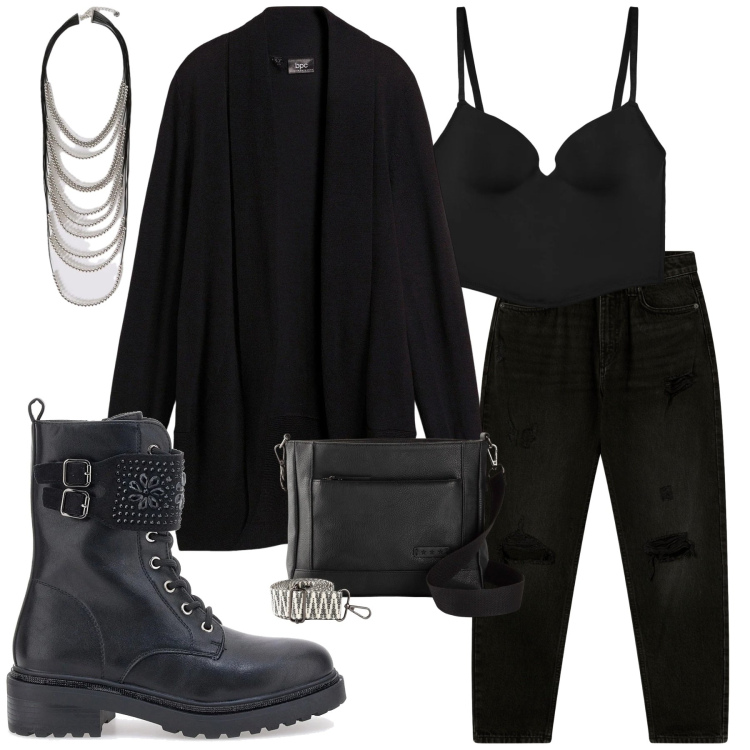 Outfit donna - Dark Chic Urbano. Stile Urban per Tutti i giorni. Abbinamento con cardigans, borse a tracolla, jeans mom, bralette, anfibi, collane.