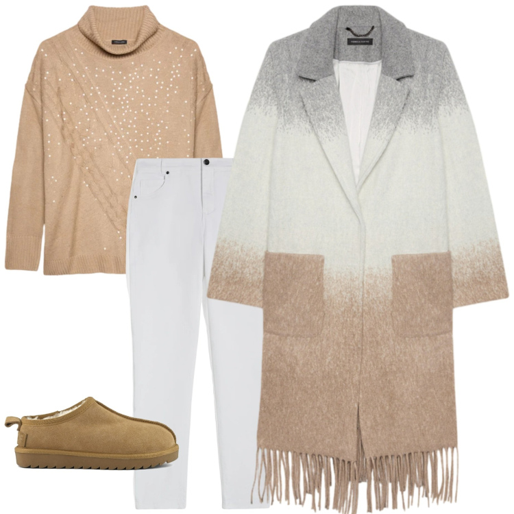 Outfit donna - Cappotto e frange. Stile Casual chic per Ufficio. Abbinamento con pantaloni skinny, cappotti, maglieria, sabot.