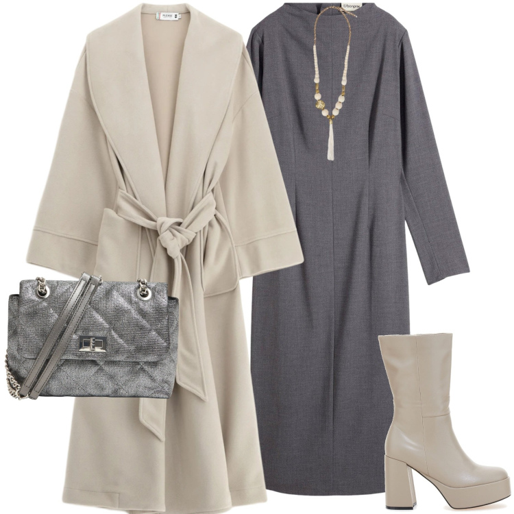 Outfit donna - In città. Stile Casual chic per Serata fuori. Abbinamento con vestiti midi/longuette, borse a tracolla, cappotti, stivali, ciondoli.