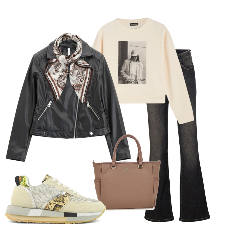 Outfit donna - Casual style. Stile Casual per Scuola/Università. Abbinamento con jeans bootcut, foulard, blazer, felpe, borse a tracolla, sneakers.