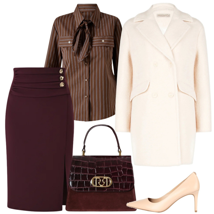 Outfit donna - Total look #2325261. Stile Casual chic per Serata fuori. Abbinamento con décolleté, camicie, borse a mano, cappotti, gonne longuette.