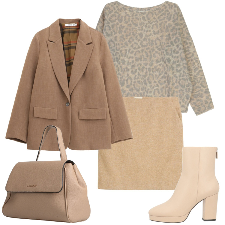 Outfit donna - Acquisti per la primavera. Stile Glamour per Ufficio. Abbinamento con gonne, zaini, stivaletti, blazer, maglieria.