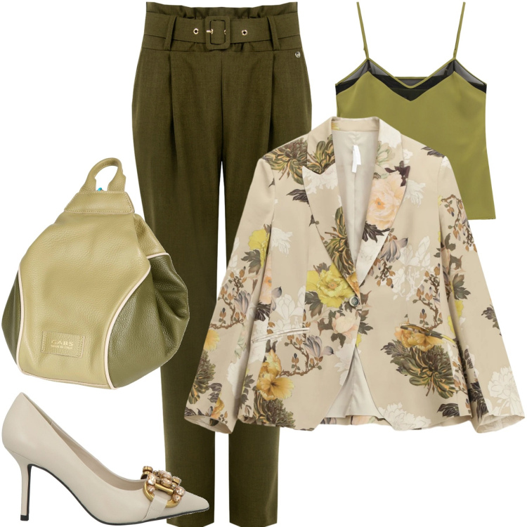 Outfit donna - Spunti per la primavera. Stile Bon Ton per Ufficio. Abbinamento con zaini, décolleté, blazer, top, pantaloni.