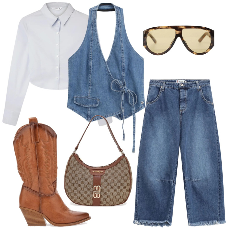 Outfit donna - Gilet 4 stagioni. Stile Glamour per Tutti i giorni. Abbinamento con camicie, gilet, jeans, occhiali da sole, stivaletti, borse a spalla.