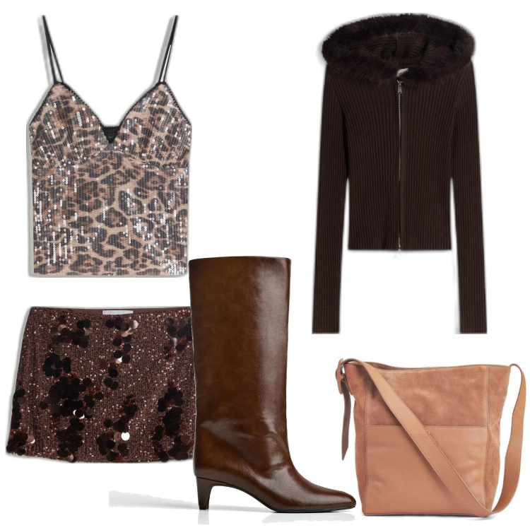 Outfit mujer - Glamour. Estilo Glamour para Noche/Fiesta elegante. Combinación con faldas, botas, cárdigans, bolso tote, top.