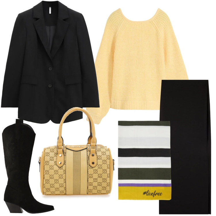 Outfit donna - Tonalità burrose. Stile Casual per Tutti i giorni. Abbinamento con maglieria, gonne lunghe, blazer, stivali, sciarpe, borse a spalla.