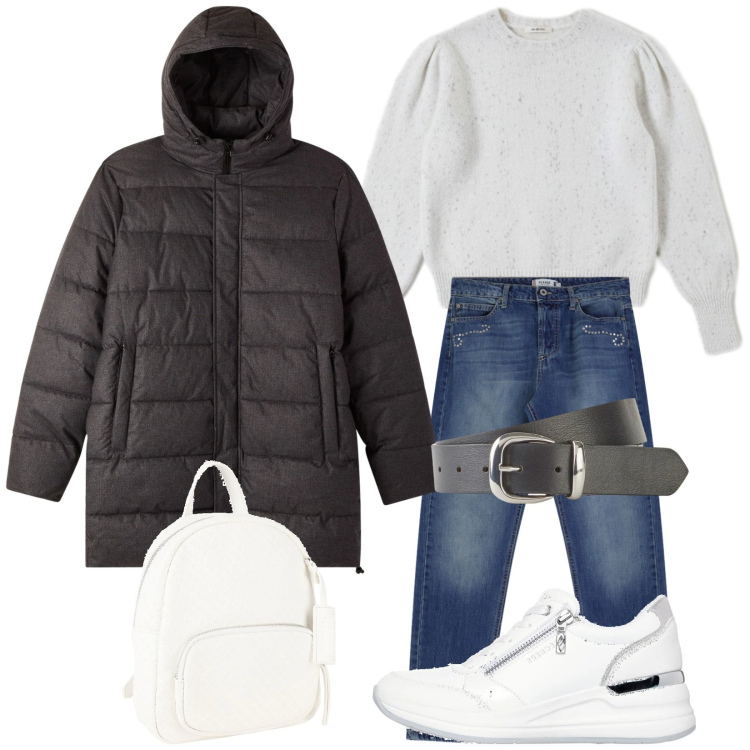 Outfit donna - Total look #2325275. Stile Casual per Tutti i giorni. Abbinamento con cinture, zaini, bomber, jeans dritti, maglieria, sneakers alte.