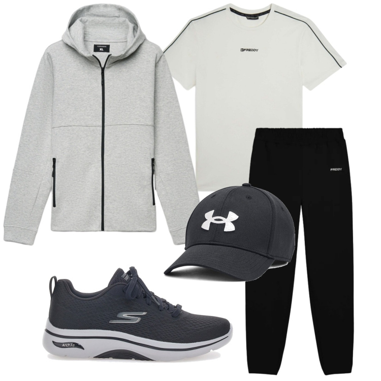 Outfit uomo - Sportivo. Stile Casual per Sport. Abbinamento con felpe con cappuccio, t-shirt sportive, pantaloni, cappelli, sneakers.
