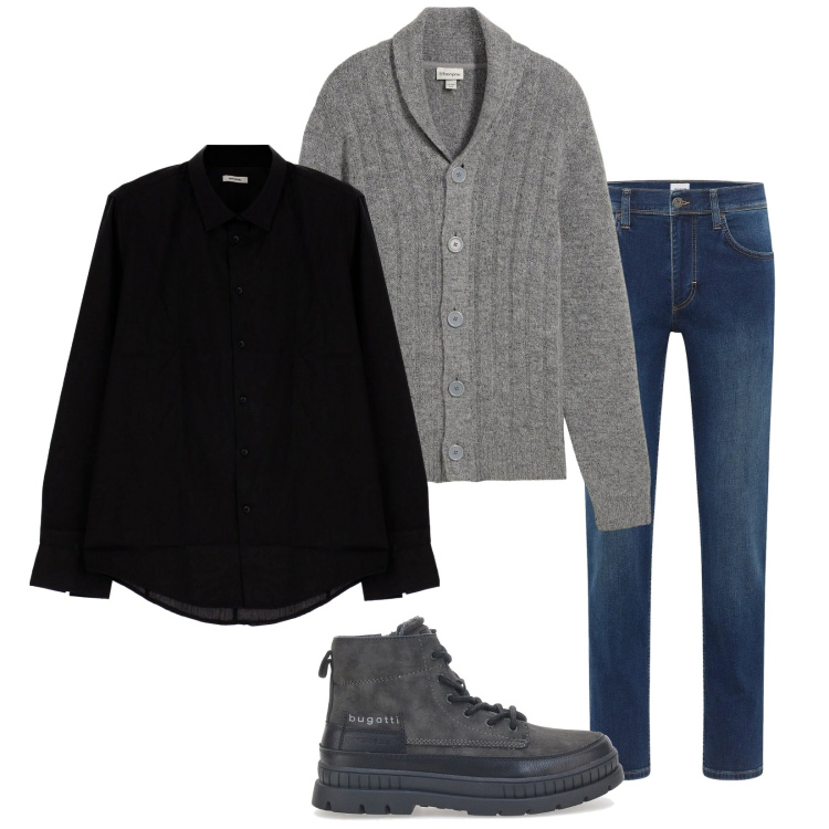 Outfit uomo - In pizzeria. Stile Casual per Tutti i giorni. Abbinamento con jeans dritti, cardigans, camicie, stivali e stivaletti.