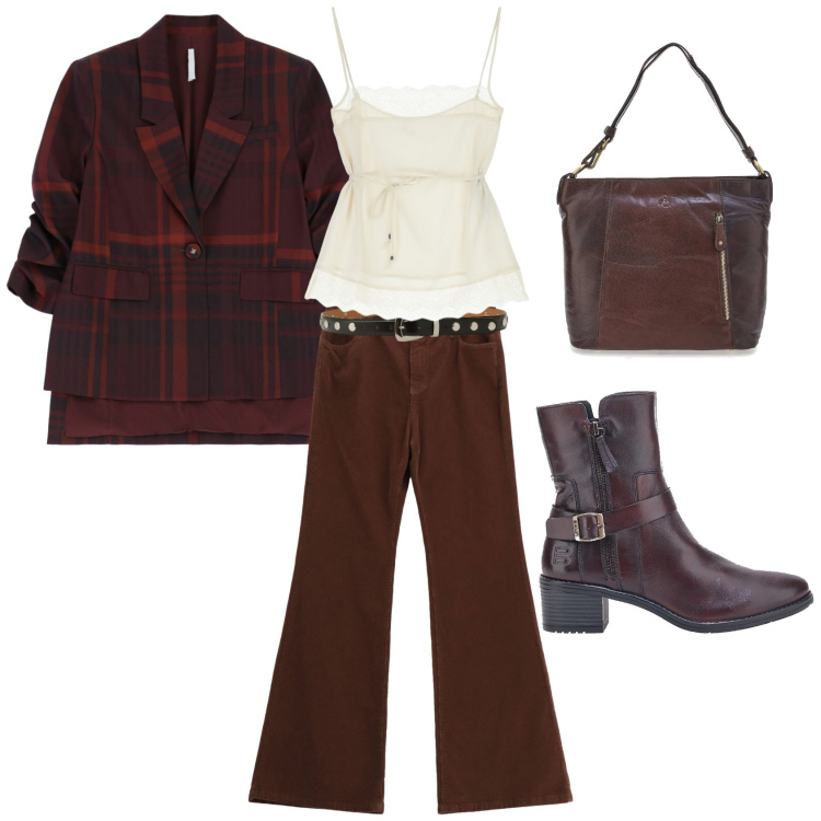 Outfit donna - Ogni giorno a tuo agio. Stile Boho per Tutti i giorni. Abbinamento con pantaloni, blazer, canottiere, cinture, stivaletti texani, borse a spalla.