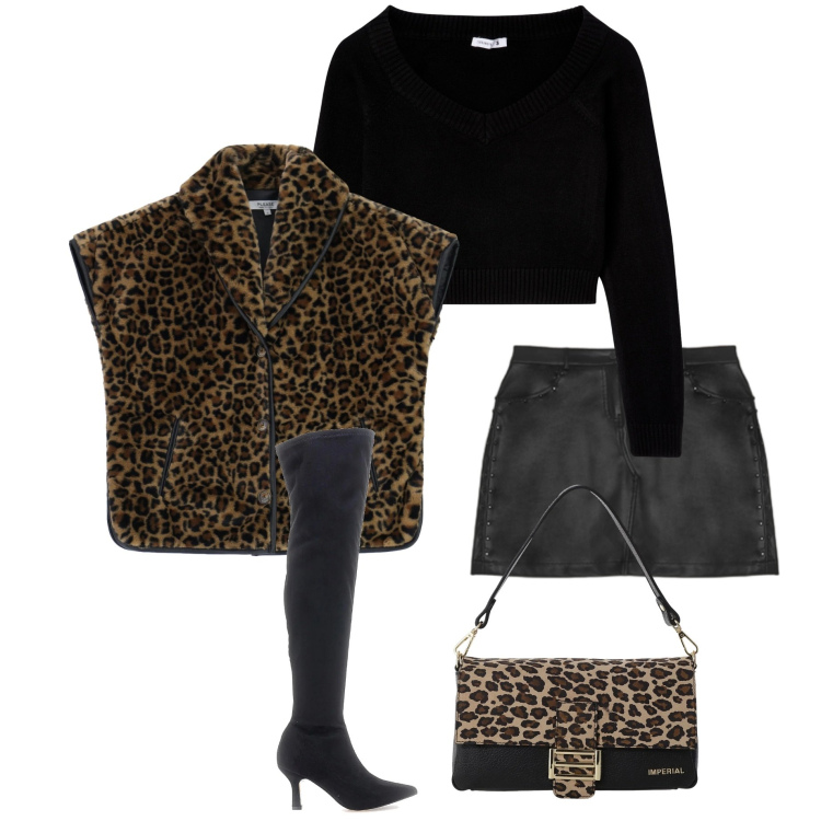 Outfit donna - Gilet maculato. Stile Glamour per Serata fuori. Abbinamento con maglieria, cappotti, borse a spalla, minigonne, stivali.