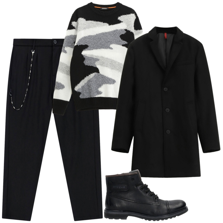 Outfit uomo - Gennaio in città. Stile Urban per Tutti i giorni. Abbinamento con pantaloni, cappotti, maglieria, anfibi.