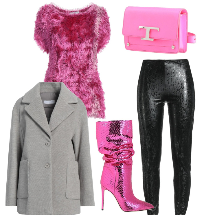 Outfit donna - Serata rosa fluo. Stile Glamour per Serata fuori. Abbinamento con stivali, pullovers, cappotti, leggings, marsupi.