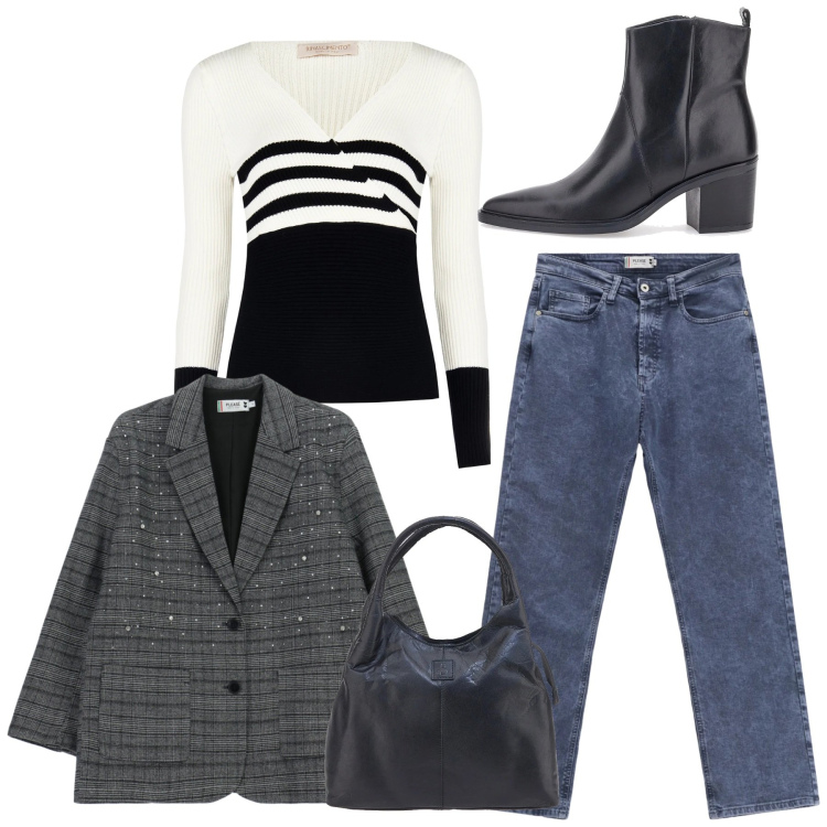 Outfit donna - Il blazer grigio. Stile Casual per Tutti i giorni. Abbinamento con jeans dritti, blazer, pullovers, stivaletti, borse a mano.