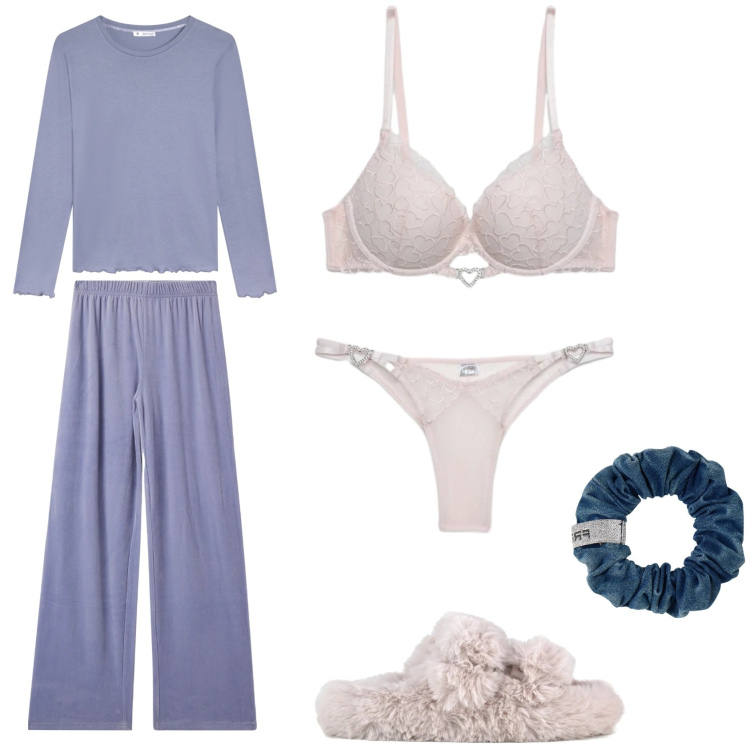Outfit donna - Dolce notte. Stile Romantica per Tutti i giorni. Abbinamento con pigiama, pigiama, reggiseni push-up, perizomi, accessori per capelli, ciabatte.