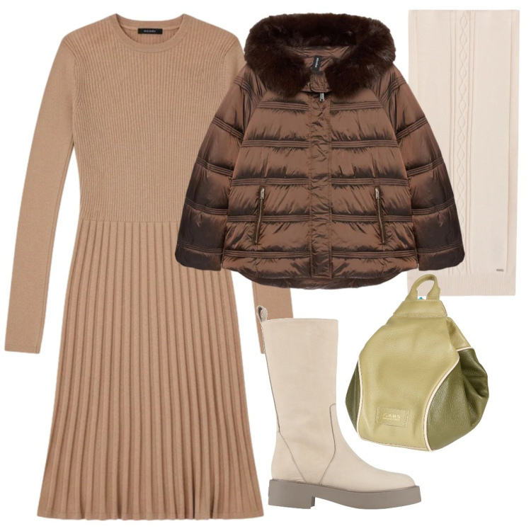 Outfit donna - Atmosfera nordica. Abbinamento con stivali, zaini, vestiti corti, sciarpe, piumini.