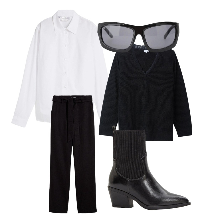 Outfit donna - Androgino style. Stile Mannish per Tutti i giorni. Abbinamento con camicie, pantaloni, stivaletti texani, pullovers, occhiali da sole.