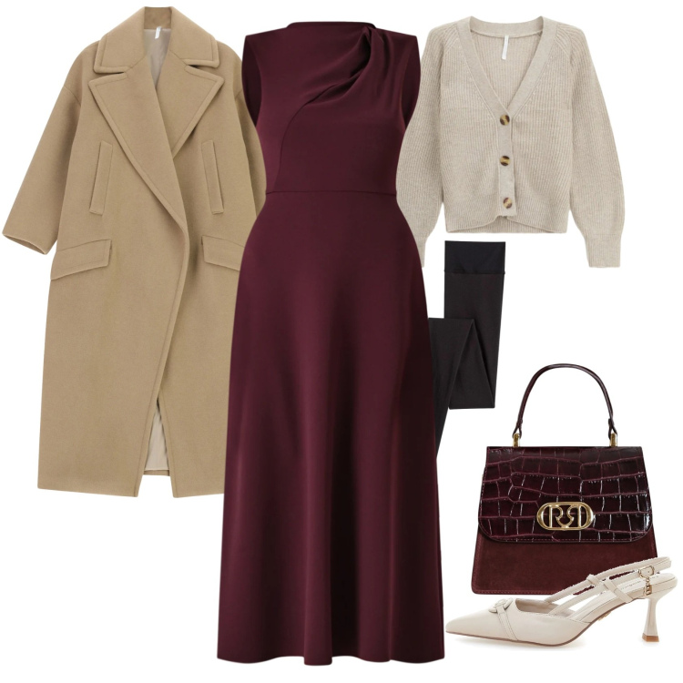 Outfit donna - Freddo e stile. Stile Chic per Serata fuori. Abbinamento con cappotti, cardigans, vestiti midi/longuette, borse a mano, décolleté, collant.