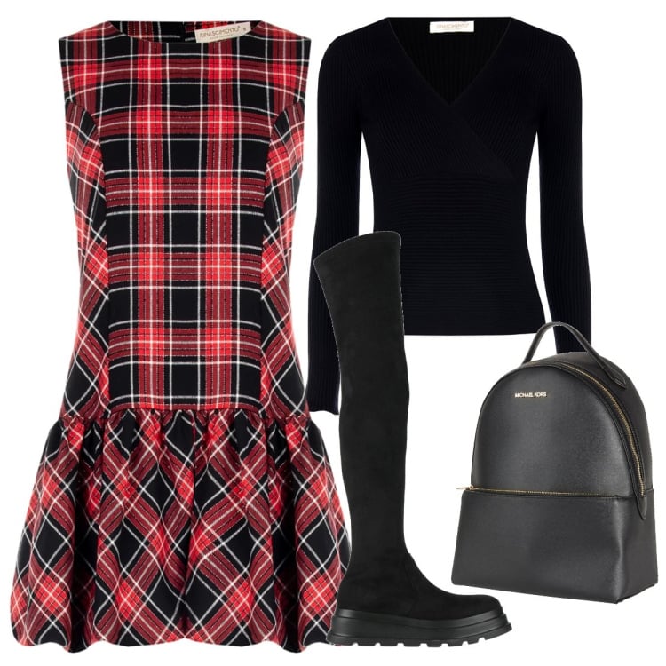 Outfit donna - Passeggiata in città con stivali al gino. Stile Basic per Tutti i giorni. Abbinamento con zaini, stivali sopra il ginocchio, pullovers, vestiti corti.