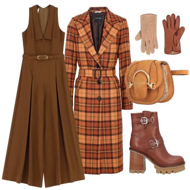 Outfit donna - Colori caldi. Stile Trendy per Tutti i giorni. Abbinamento con stivaletti, marsupi, guanti, cappotti, tute.