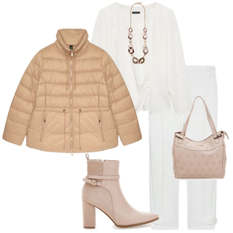 Outfit donna - Bianco neve. Stile Casual chic per Serata fuori. Abbinamento con piumini, pantaloni, stivaletti, t-shirt, collane, shopping bag.