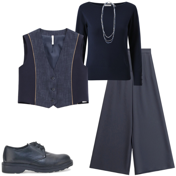 Outfit donna - Ritorno del blu. Stile Casual chic per Ufficio. Abbinamento con gilet, pantaloni a palazzo, pullovers, scarpe stringate, collane.
