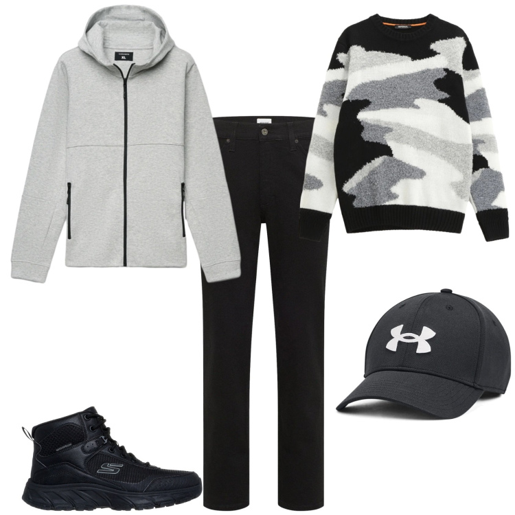 Outfit uomo - Bianco e nero ogni giorno. Stile Urban per Tutti i giorni. Abbinamento con jeans dritti, felpe con cappuccio, maglieria, cappelli, stivali e stivaletti.