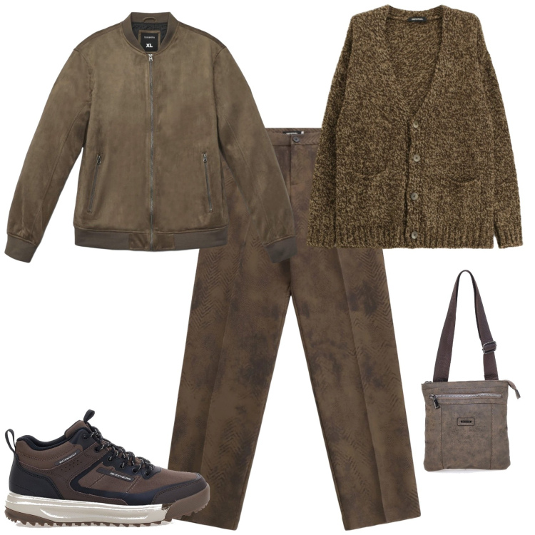 Outfit uomo - Toni marrone ufficio week end. Stile Trendy per Ufficio. Abbinamento con giacche, pantaloni, cardigans, portafogli, stivali e stivaletti.