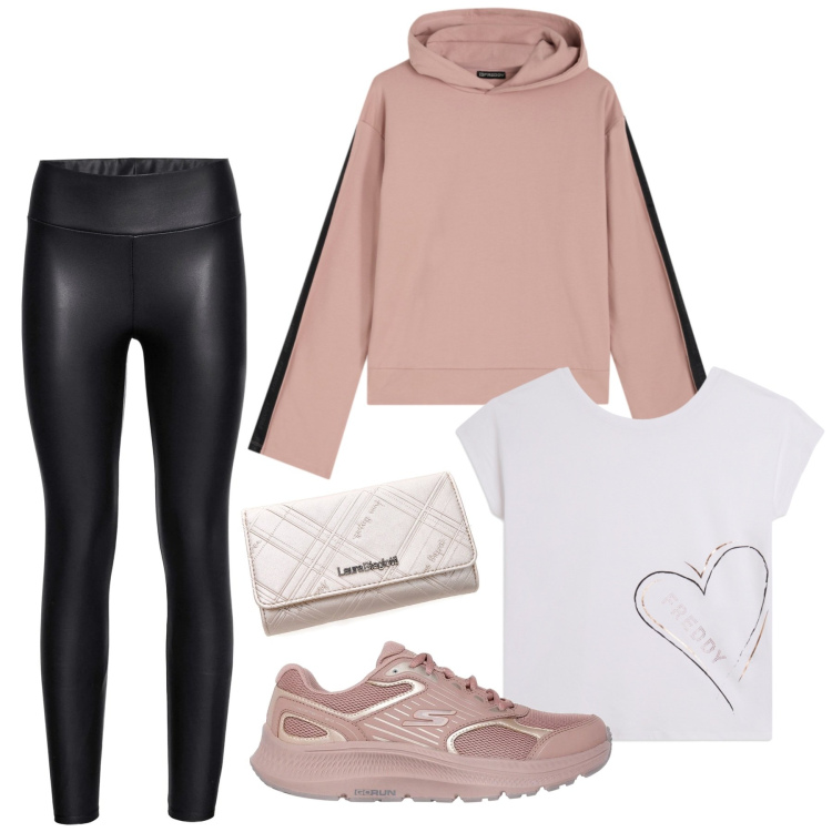 Outfit donna - Total look #2325335. Stile Sporty chic per Sport. Abbinamento con leggings, felpe con cappuccio, t-shirt, portafogli, sneakers.