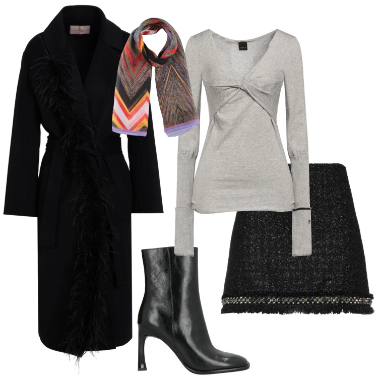 Outfit donna - Total look #2325336. Stile Glamour per Serata fuori. Abbinamento con cappotti, pullovers, minigonne, stivaletti, sciarpe.