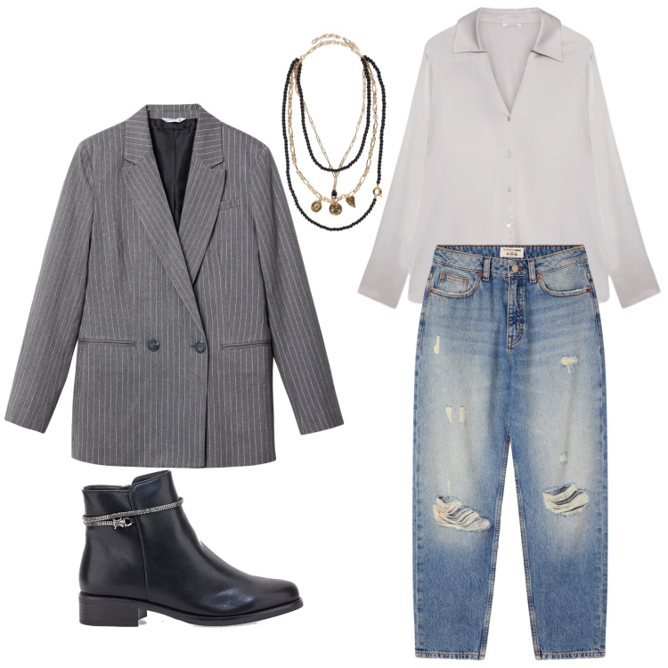 Outfit donna - Total look #2325339. Stile Mannish per Ufficio. Abbinamento con blazer, jeans mom, camicie, collane, stivaletti.