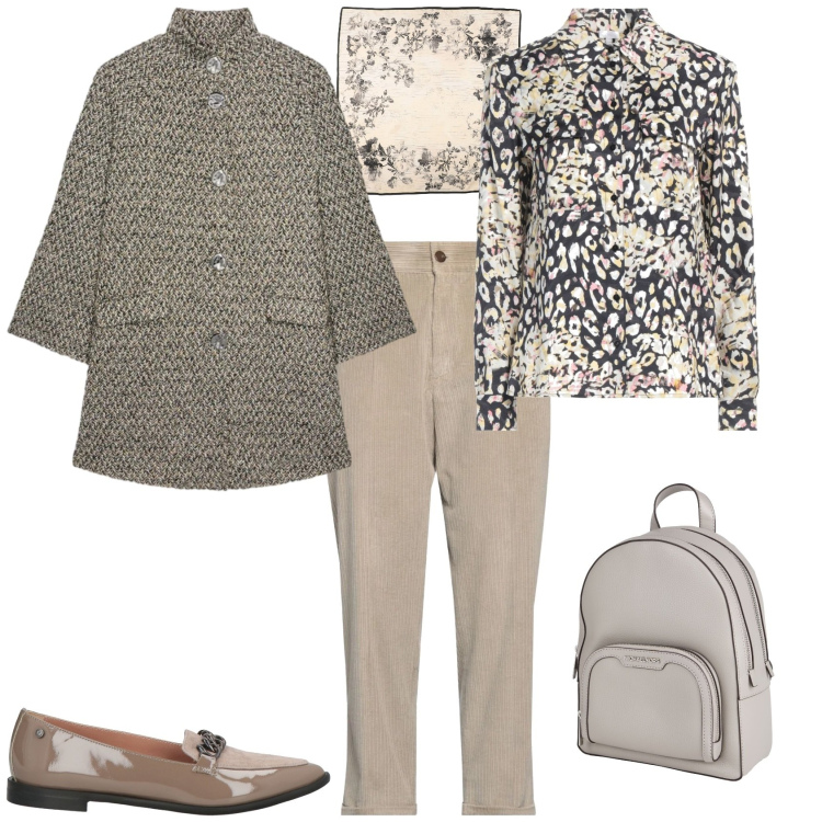 Outfit donna - Casual chic per l ufficio. Stile Casual chic per Ufficio. Abbinamento con mocassini, camicie, zaini, sciarpe, pantaloni, cappotti.