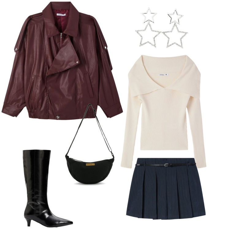 Outfit donna - Aperitivo serale. Stile Glamour per Serata fuori. Abbinamento con stivali, orecchini, minigonne, giacche, maglieria, borse a tracolla.