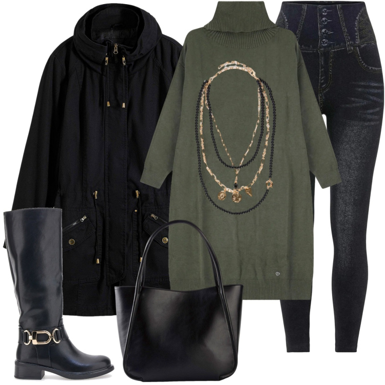 Outfit donna - Passeggiata in città con stivali.. Stile Casual chic per Tutti i giorni. Abbinamento con jeggings, parka, shopping bag, maglieria, collane, stivali.