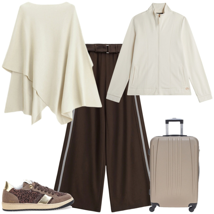 Outfit donna - Week end fuori porta. Stile Sporty chic per Tutti i giorni. Abbinamento con pantaloni a palazzo, maglieria, felpe, valigie, sneakers.