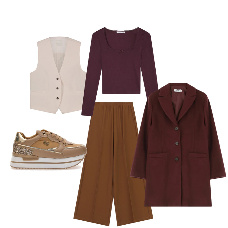 Outfit donna - Total look #2325346. Stile Casual Abbinamento con t-shirt, cappotti, pantaloni a palazzo, sneakers, gilet.