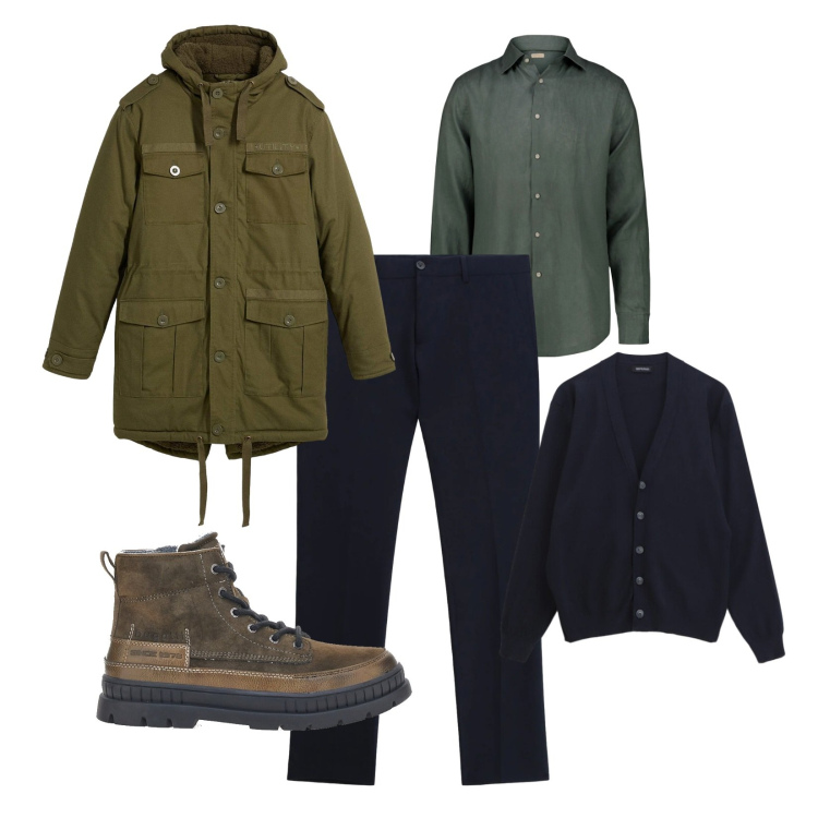 Outfit uomo - Giornata piovosa. Stile Casual Abbinamento con parka, pantaloni, cardigans, stivali e stivaletti, camicie.
