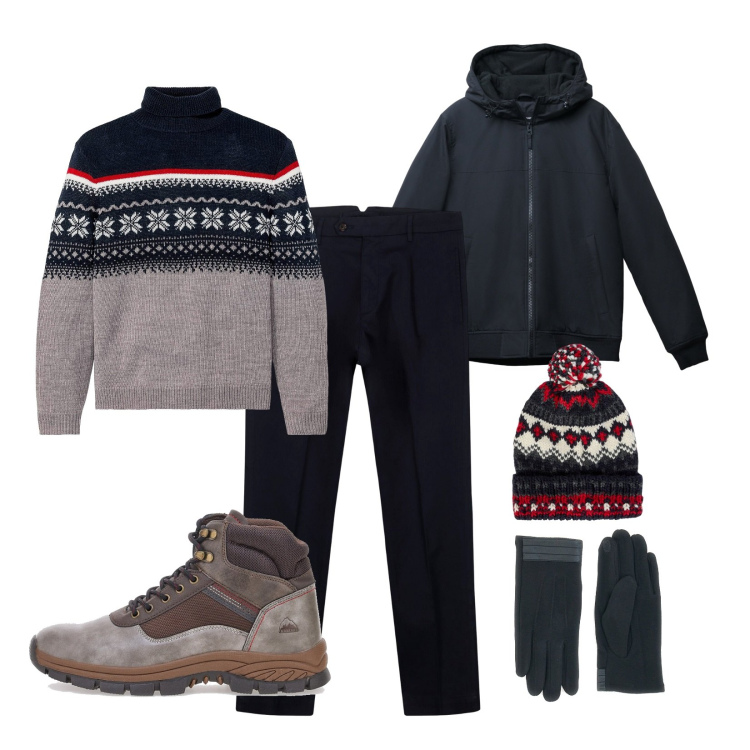 Outfit uomo - Mood nordico. Stile Casual per Tutti i giorni. Abbinamento con maglieria, giacche, stivali e stivaletti, berretti, pantaloni, guanti.