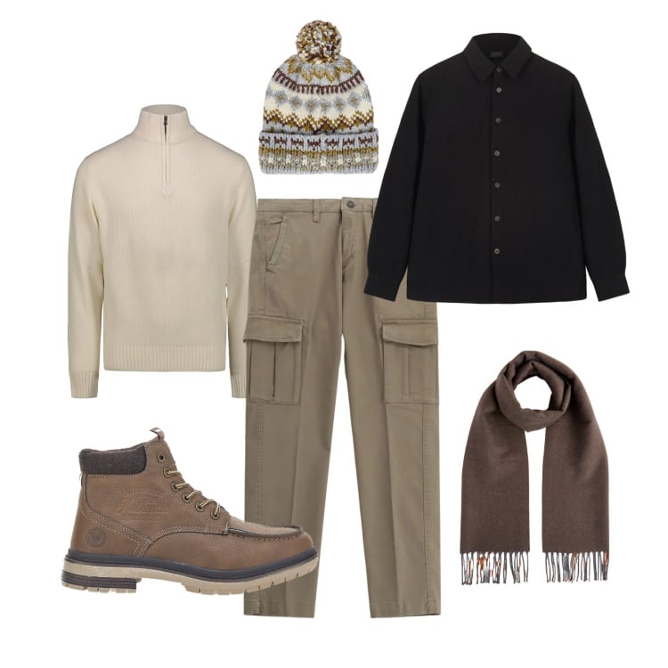 Outfit uomo - Nordiche style. Stile Urban per Tutti i giorni. Abbinamento con pantaloni cargo, stivali e stivaletti, sciarpe, berretti, maglieria, cappotti.