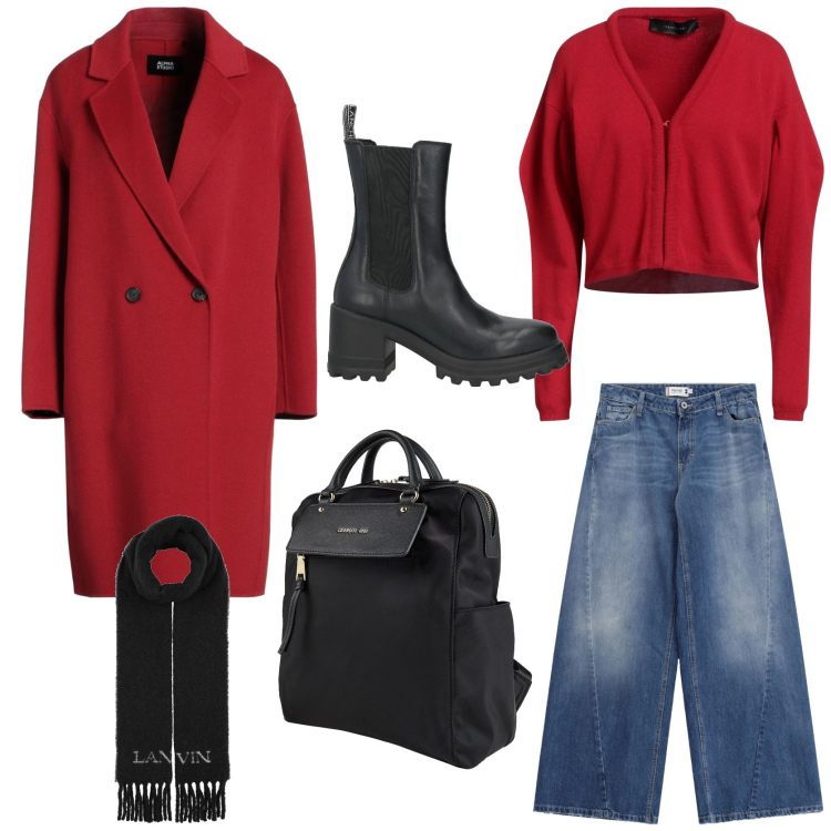 Outfit donna - Look vincente in rosso. Stile Urban per Tutti i giorni. Abbinamento con cardigans, cappotti, sciarpe, zaini, stivaletti, jeans.
