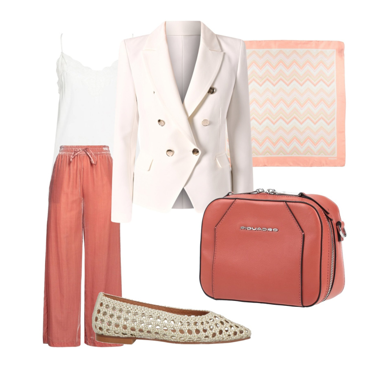 Outfit donna - Salmone e bianco. Stile Casual chic per Ufficio. Abbinamento con marsupi, top, pantaloni, ballerine, sciarpe, blazer.